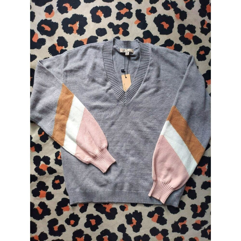 Les Serein Colorblock Comfort Ultra Soft Gray Sweater V Neck Sz M Retro Preppy